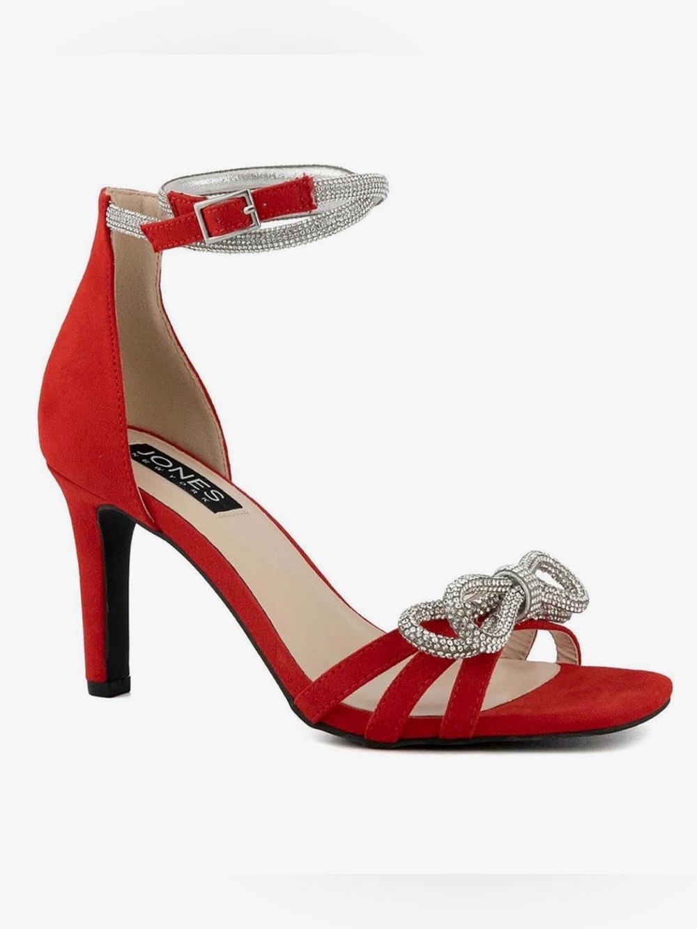 Jones New York Red Suede Heels with Crystal Knot and Rhinestone Ankle Strap NIB